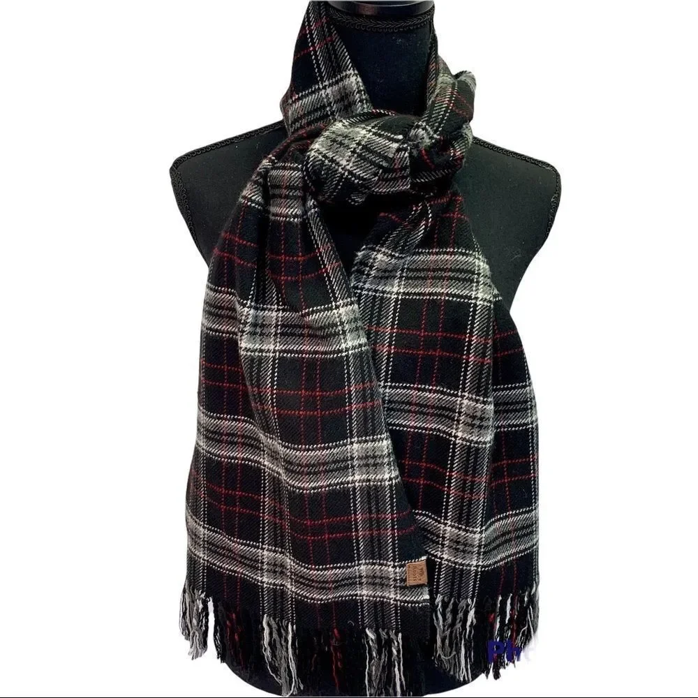 ROOTS Black red gray white striped plaid check unisex fall winter warm scarf 💥